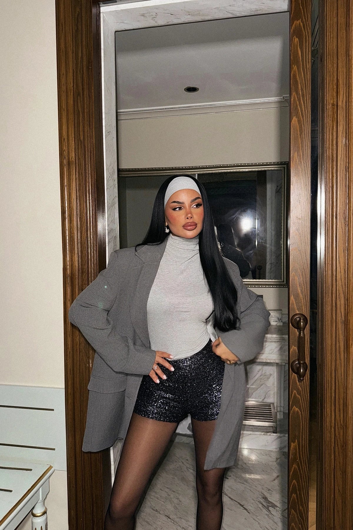 Navy Blue Sequin Mini Shorts