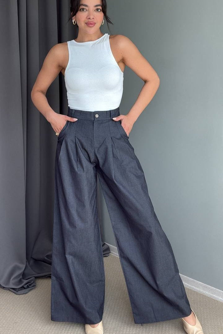 High-Waist Pleated Wide-Leg Trousers